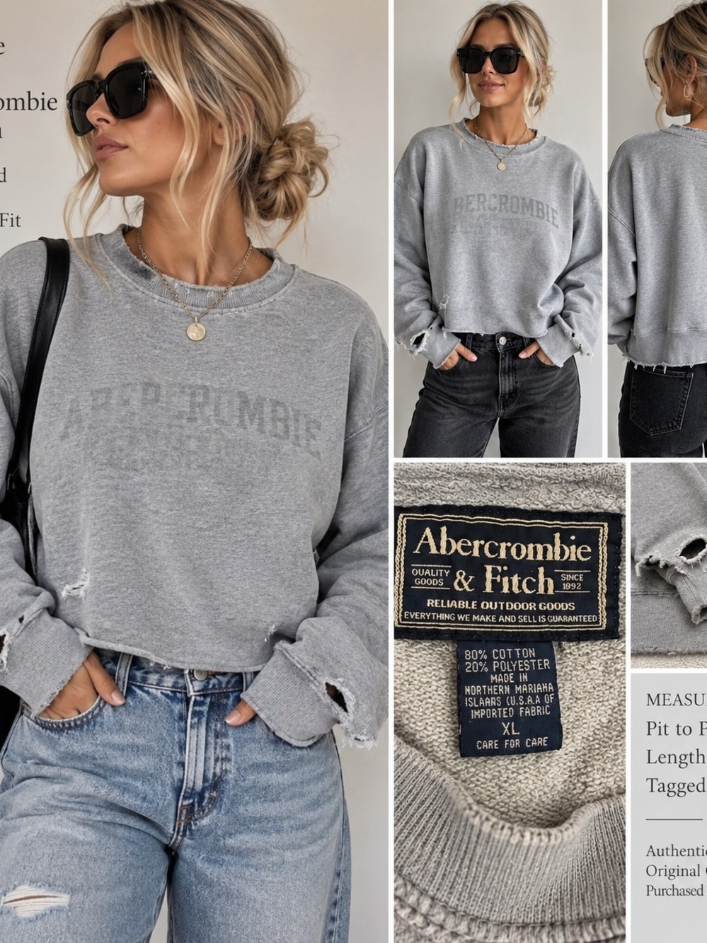 Vintage 90's Abercrombie Gray Distressed Crewneck Cropped Sweatshirt